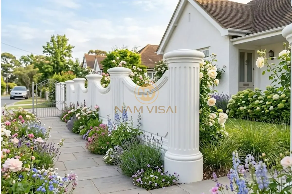 Mẫu hàng rào bê tông trụ tròn bo góc, mặt tường phủ sơn trắng tinh