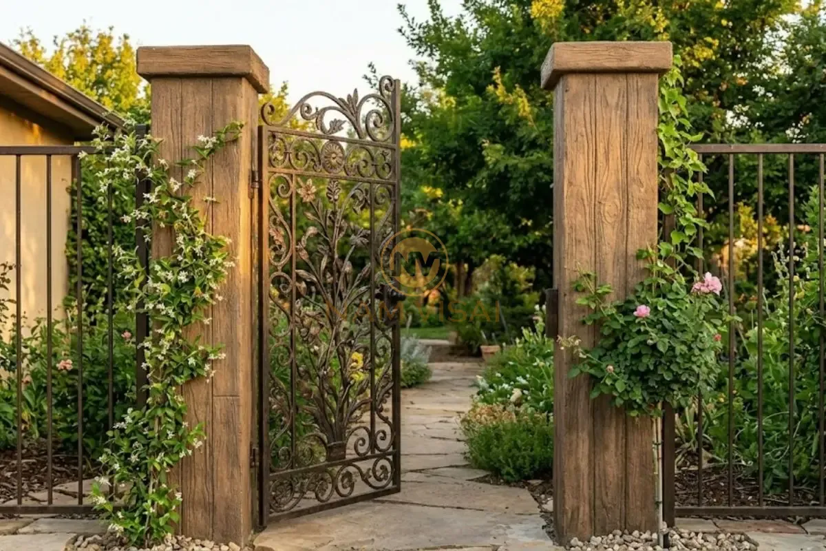 Mẫu trụ cổng bê tông giả gỗ kết hợp cổng sắt rèn