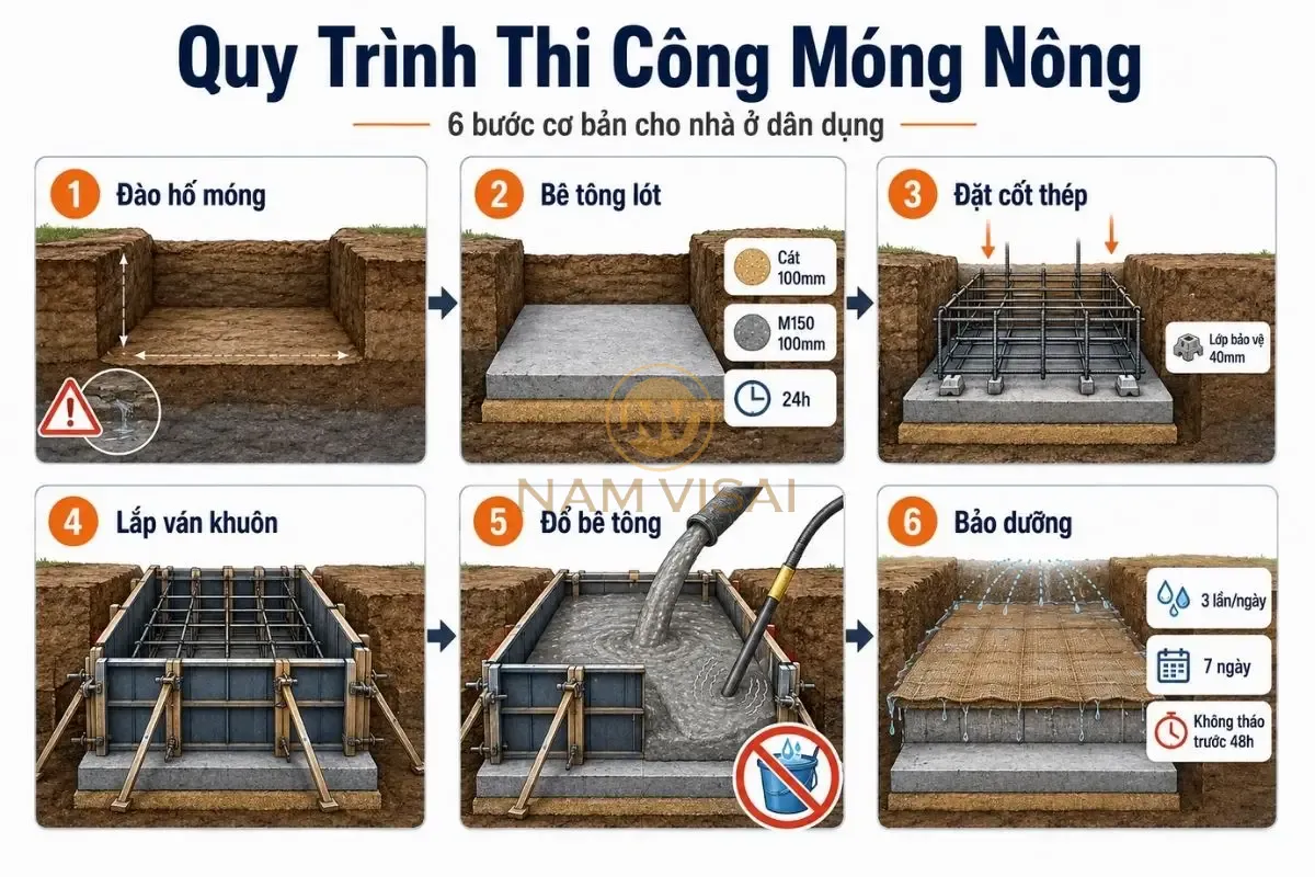 Quy trình thi công móng nông gồm 6 bước cơ bản