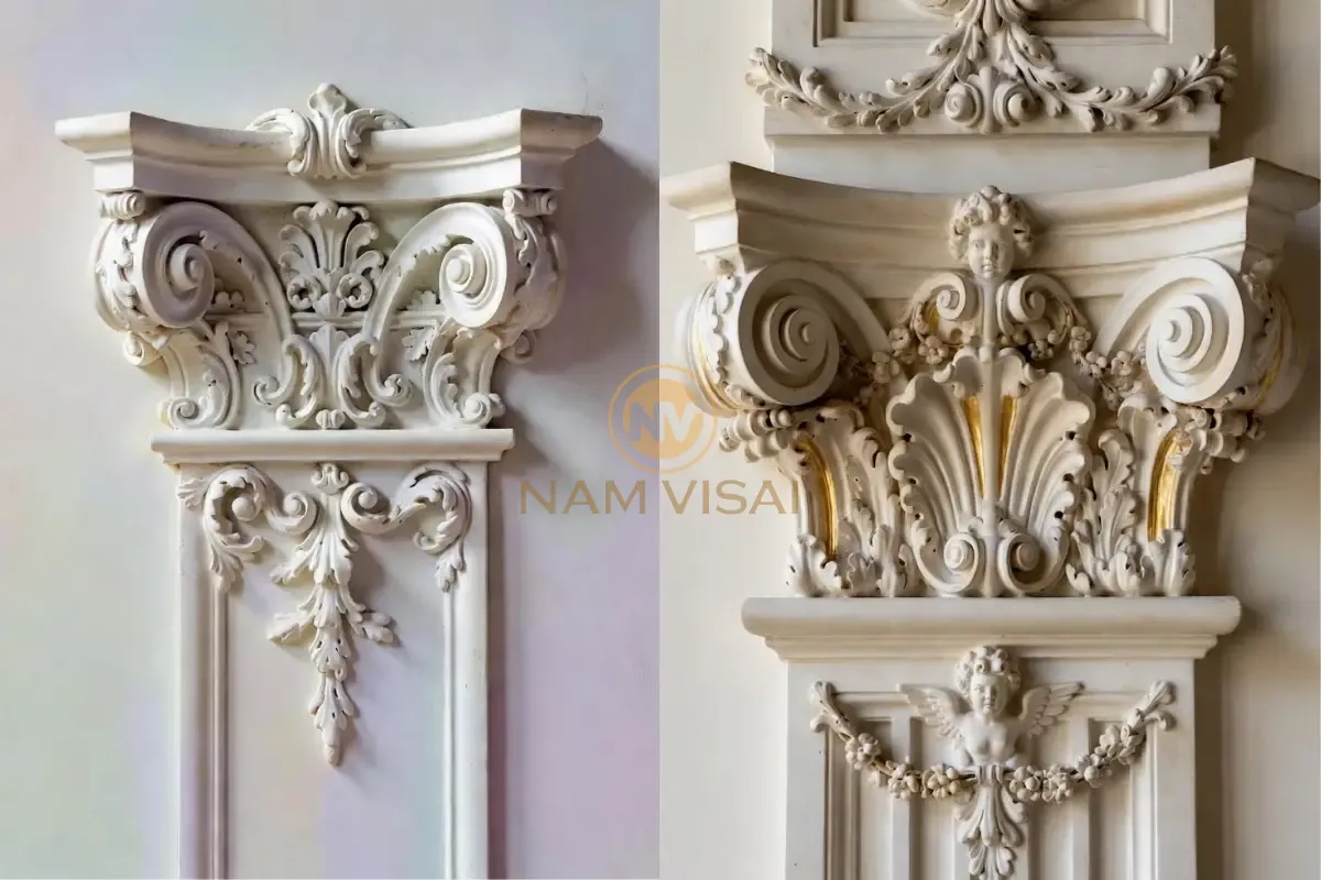 Phù điêu xi măng đầu cột Corinthian – chi tiết lá acanthus tinh xảo, thường dùng cho cổng biệt thự và sảnh đón